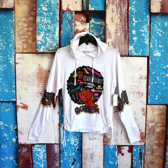 Girl's On Fire Melanin Junior Long Sleeve Hoodie Graphic Print LARGE White - Picture 1 of 10